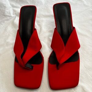 Red Satin Square Toe Thong Mule Heels Twist Strap Stiletto Size 11.5-12